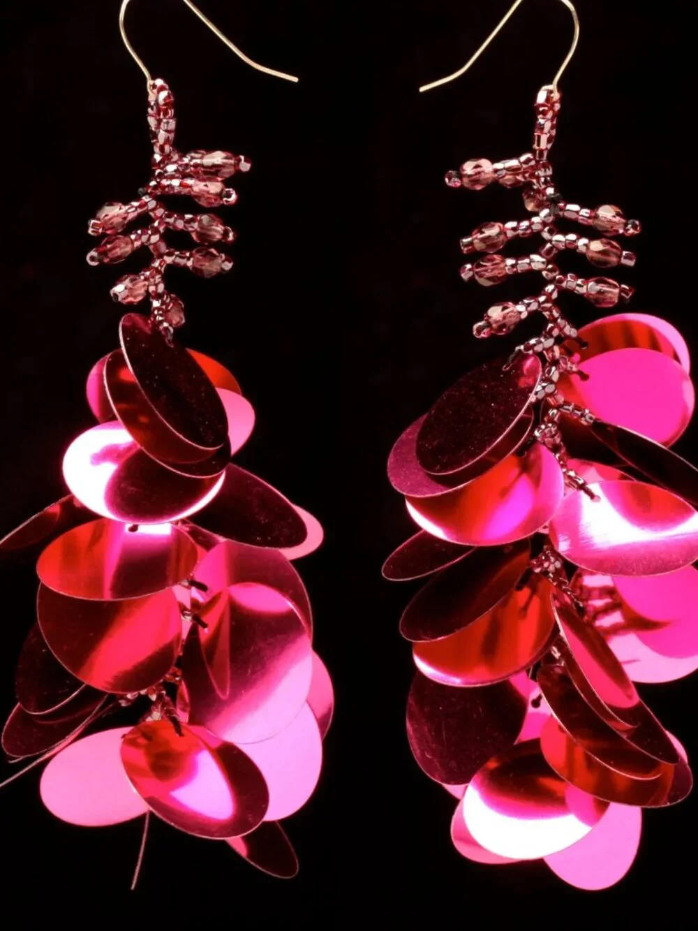 Giant Pink Earrings Lightweight Sequins and Glass Beads on French Earwire - Picture 3 of 4